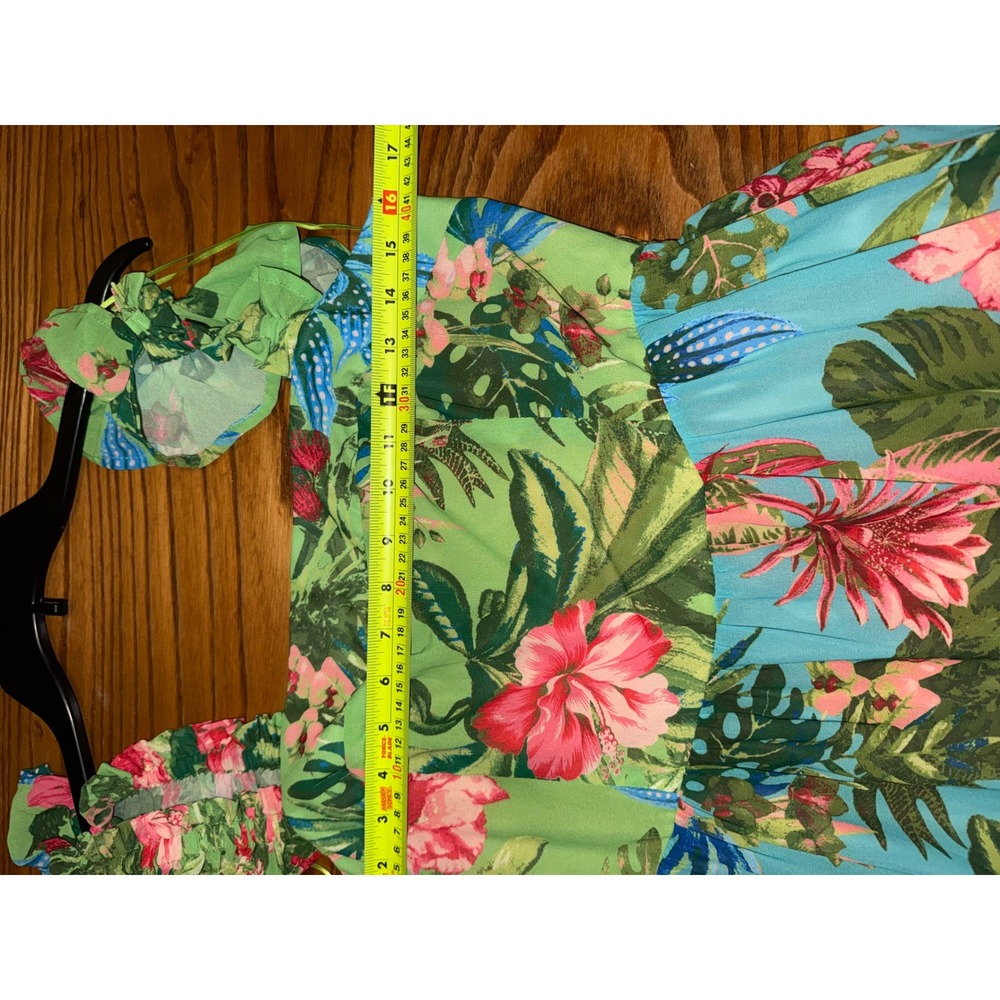 Flying Tomato Tropical Floral Tiered Maxi Dress Green Blue Pink Smocked Large - Picture 5 of 7